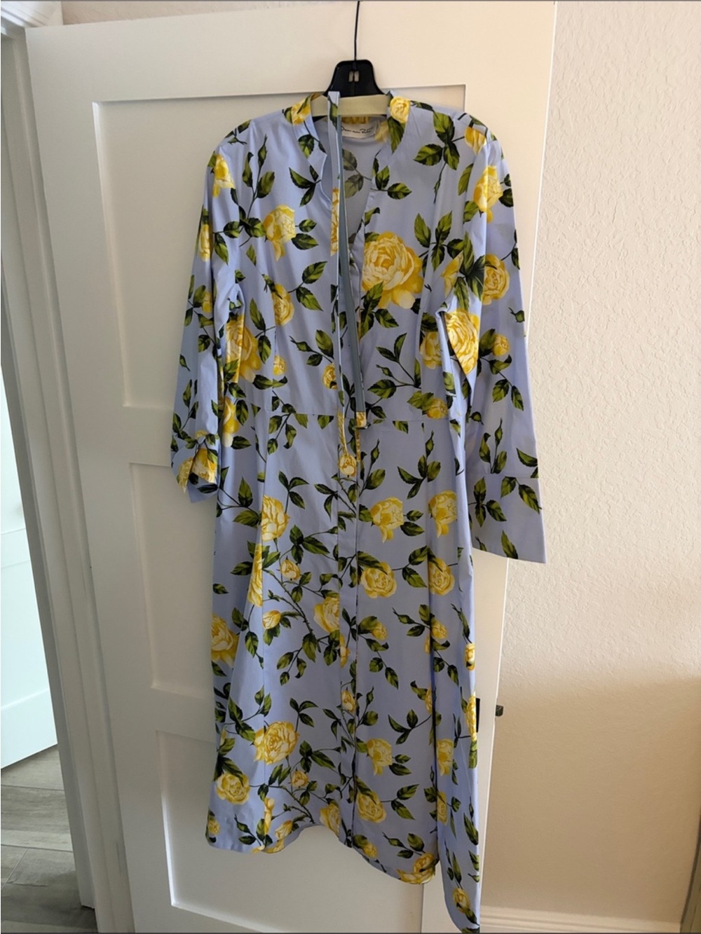 Oscar de la Renta Light Blue Midi Dress with Yellow Rose Print